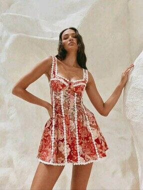 Women's Floral Print Corset Mini Dress, Sweetheart Neck With Lace Trim For Beach